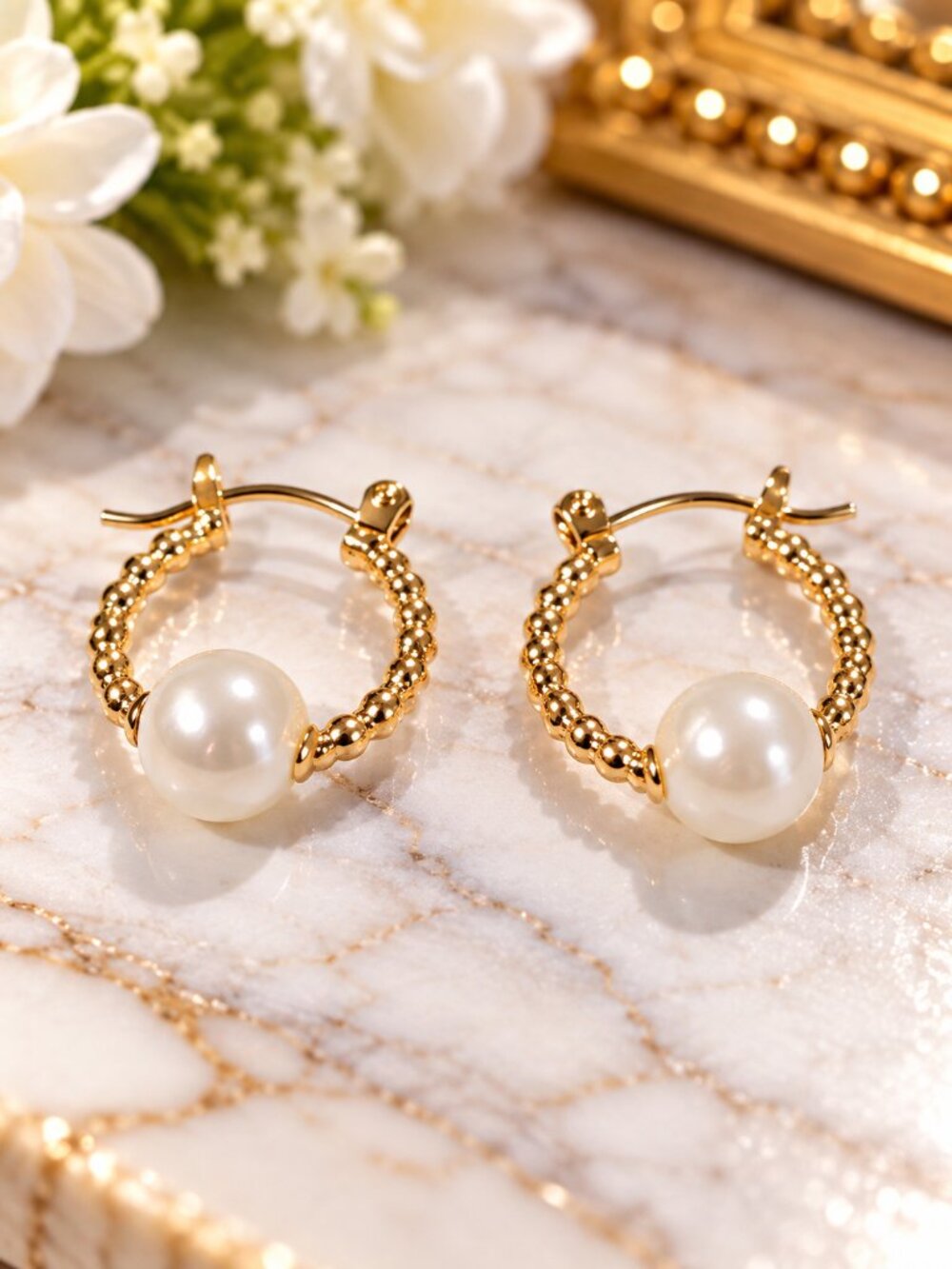 Gold Textured Pearl Hoop Earrings White Faux Pearl Bead Classic Fashion Jewelry
